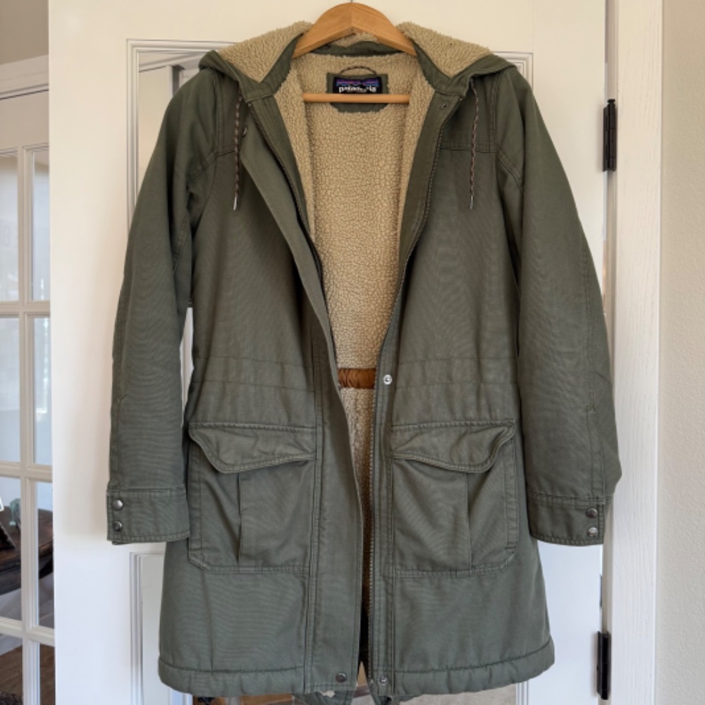 Patagonia Insulated Prairie Dawn Parka Sage Women Cotton Canvas Sherpa Fleece XS